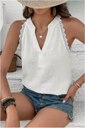 White Textured Lace Trim Pure Cotton Sleeveless Top