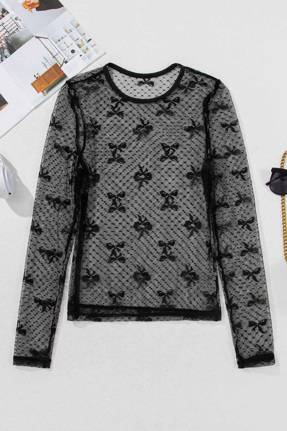 Black Mesh with Bow Print Top